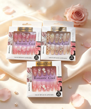 Title: Romantic Cool Blush Pink Floral Press‑On Nails Pack of 3— 12pc in each Set