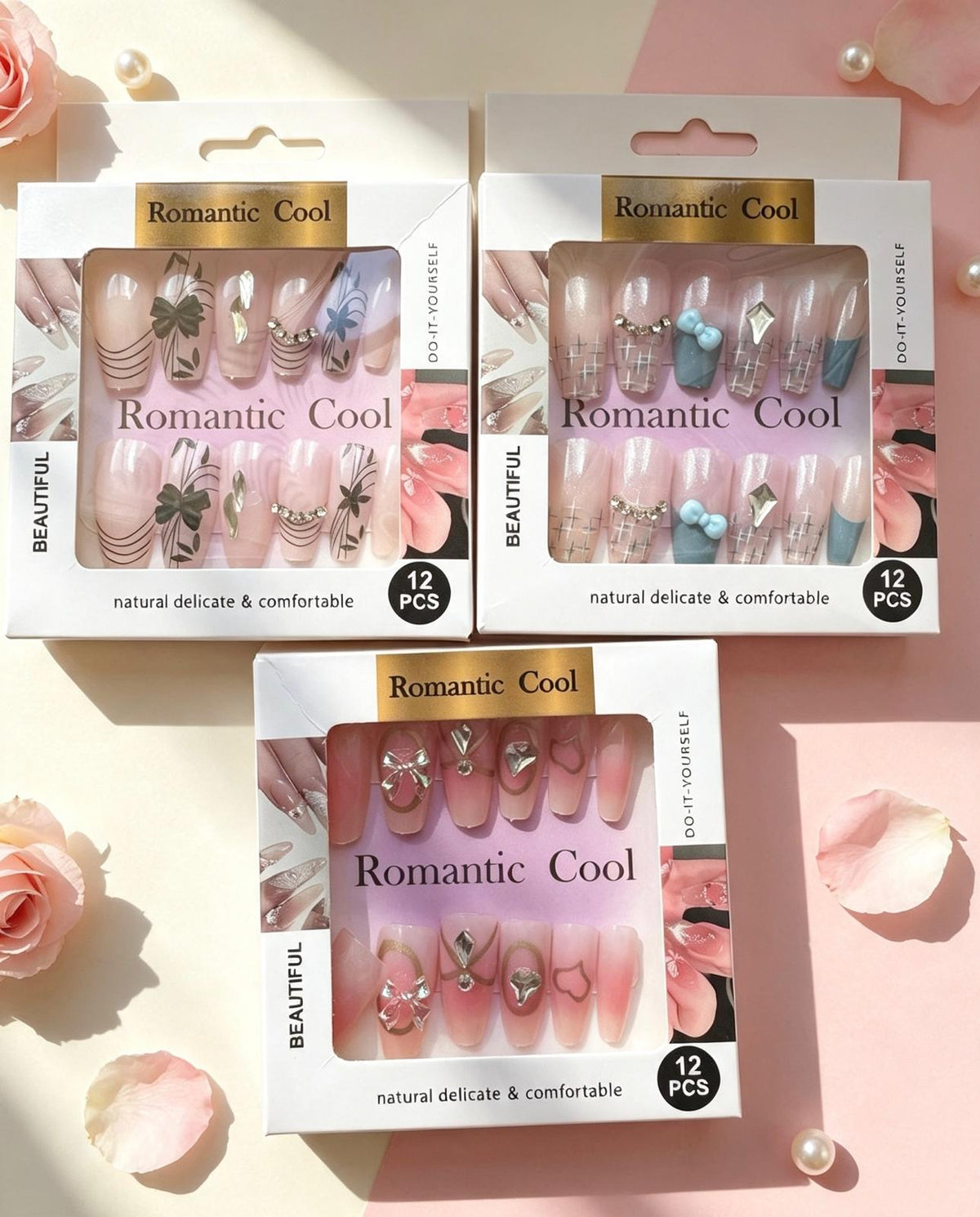 Title: Romantic Cool Floral & Bow Press‑On Nails pack of 3 — 12pc in each  Set