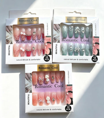 Title: Romantic Cool Teal Blue Floral Press‑On Nails Pack of 3 — 12pc in each Set