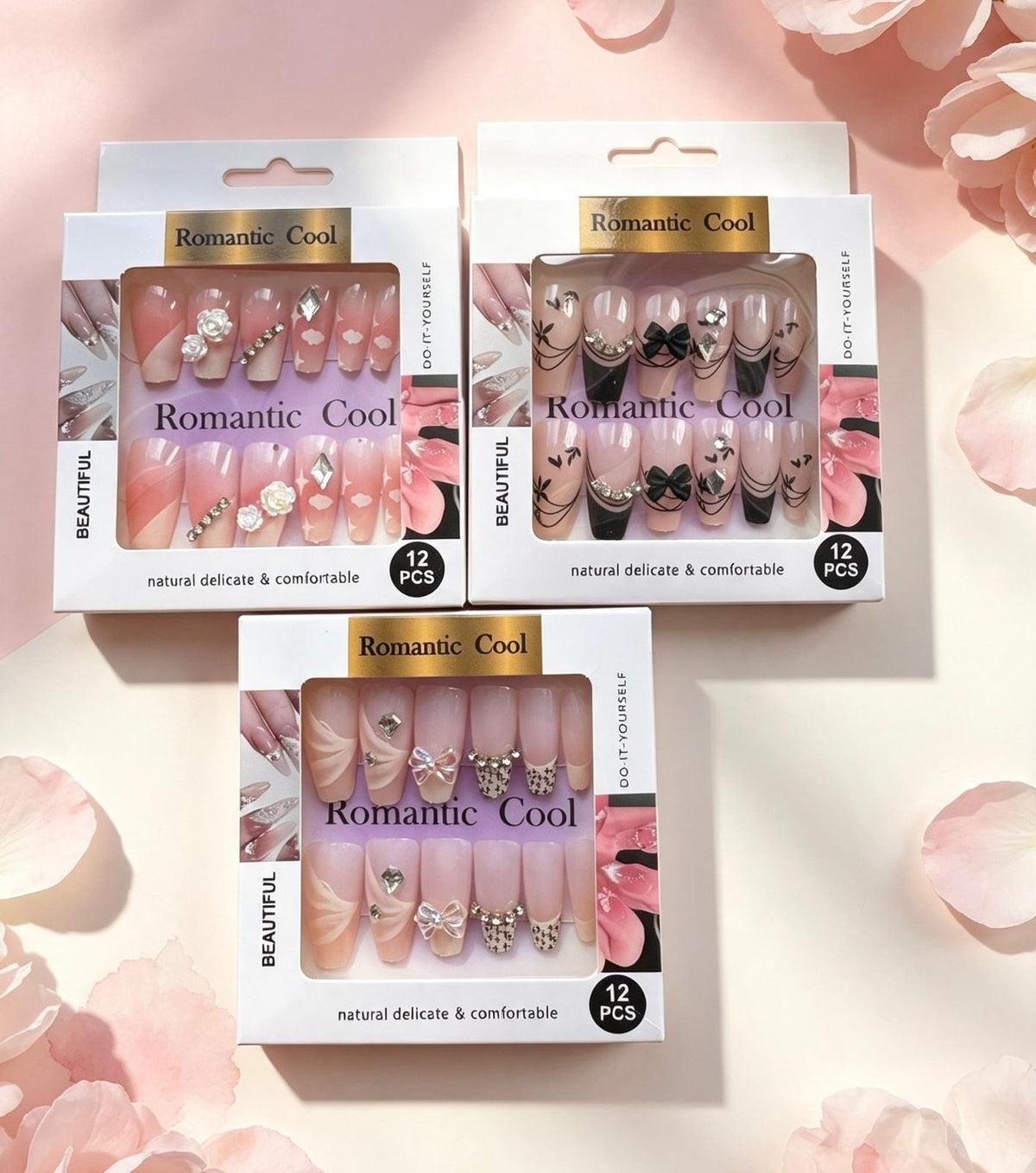 Romantic Cool Floral Bow Press‑On Nails Pack of 3— 12pc in each Set